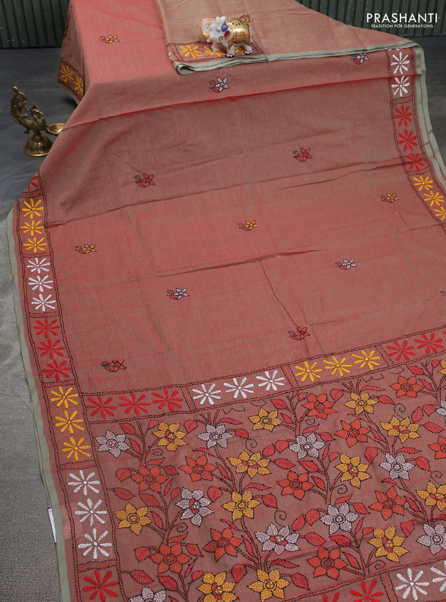 Cotton saree dual shade of red with kantha stitch work and kantha stitch work pallu