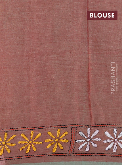 Cotton saree dual shade of red with kantha stitch work and kantha stitch work pallu