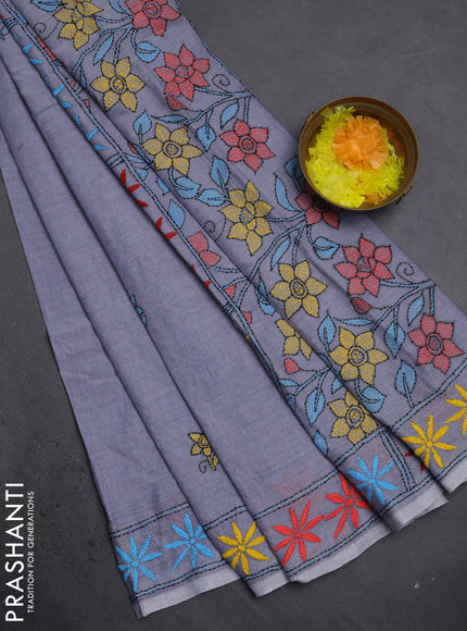 Cotton saree grey with kantha stitch work and kantha stitch work pallu