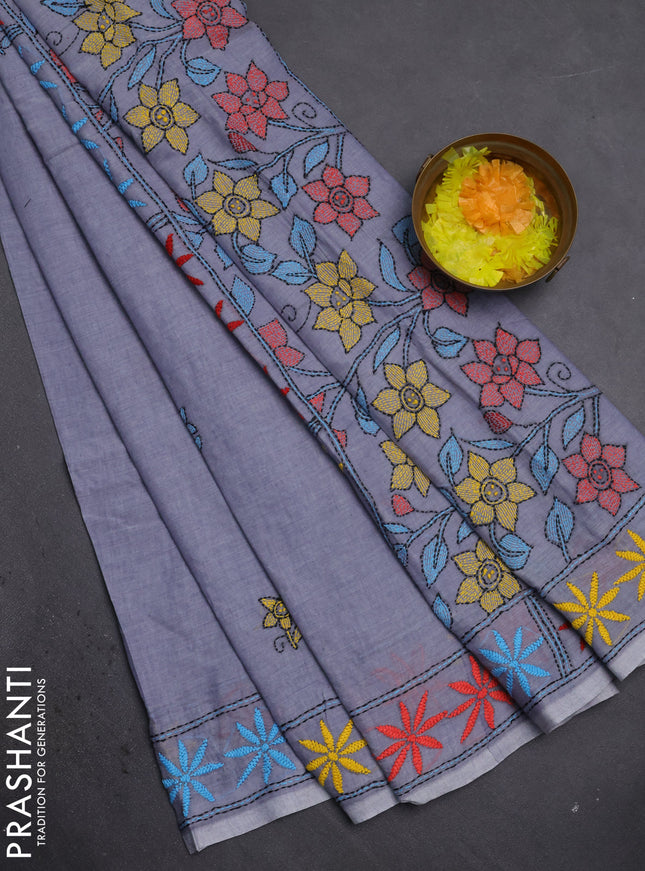 Cotton saree grey with kantha stitch work and kantha stitch work pallu