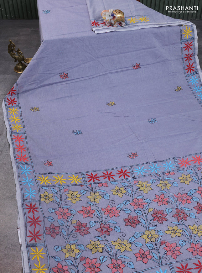 Cotton saree grey with kantha stitch work and kantha stitch work pallu