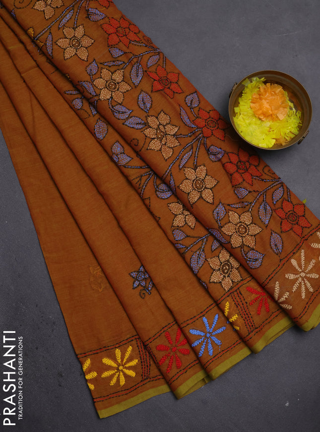 Cotton saree dual shade of mustard with kantha stitch work and kantha stitch work pallu