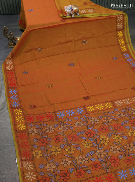 Cotton saree dual shade of mustard with kantha stitch work and kantha stitch work pallu