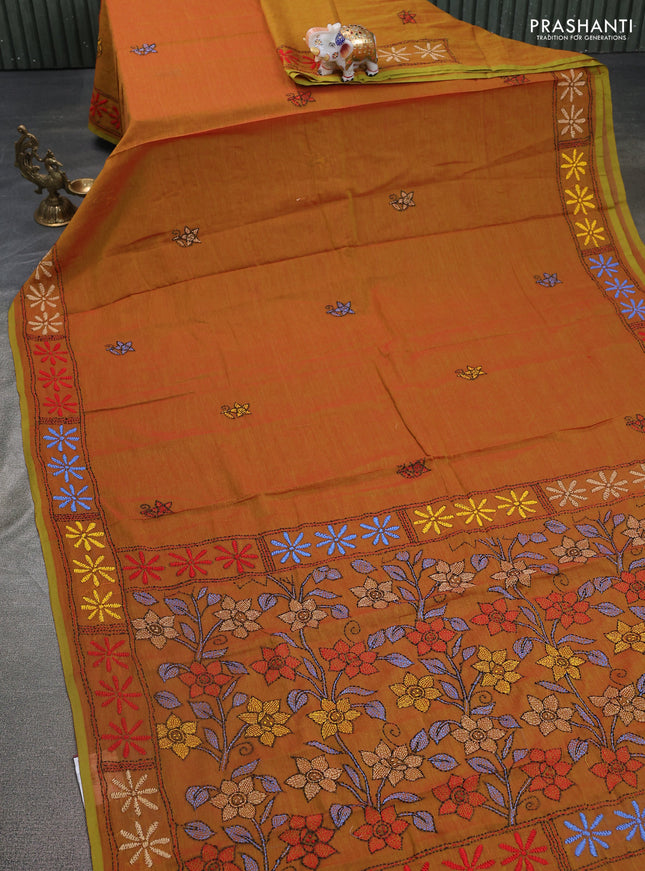 Cotton saree dual shade of mustard with kantha stitch work and kantha stitch work pallu