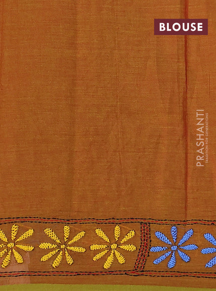Cotton saree dual shade of mustard with kantha stitch work and kantha stitch work pallu