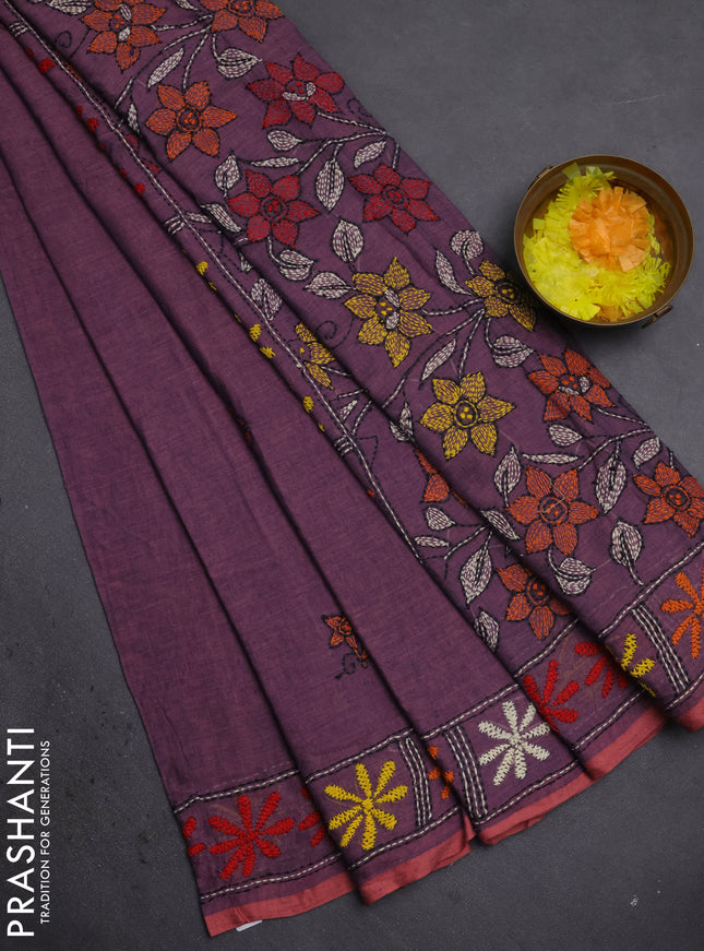 Cotton saree pastel purple with kantha stitch work and kantha stitch work pallu