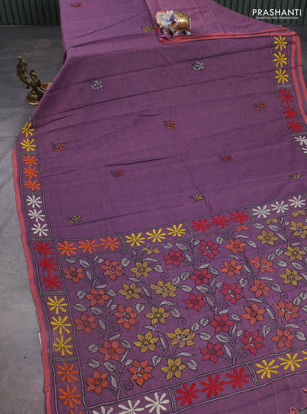 Cotton saree pastel purple with kantha stitch work and kantha stitch work pallu