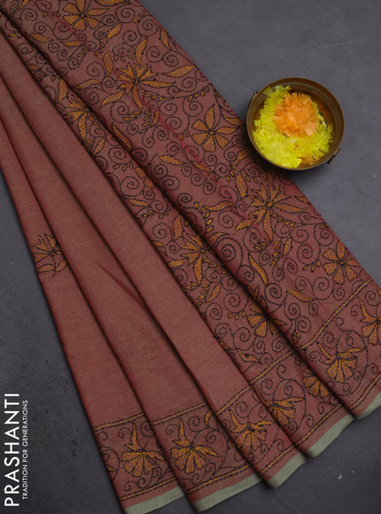 Cotton saree dual shade of reddish green with kantha stitch work and kantha stitch work pallu