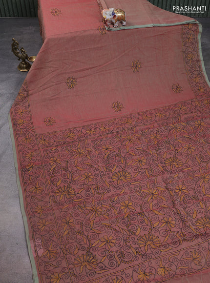 Cotton saree dual shade of reddish green with kantha stitch work and kantha stitch work pallu