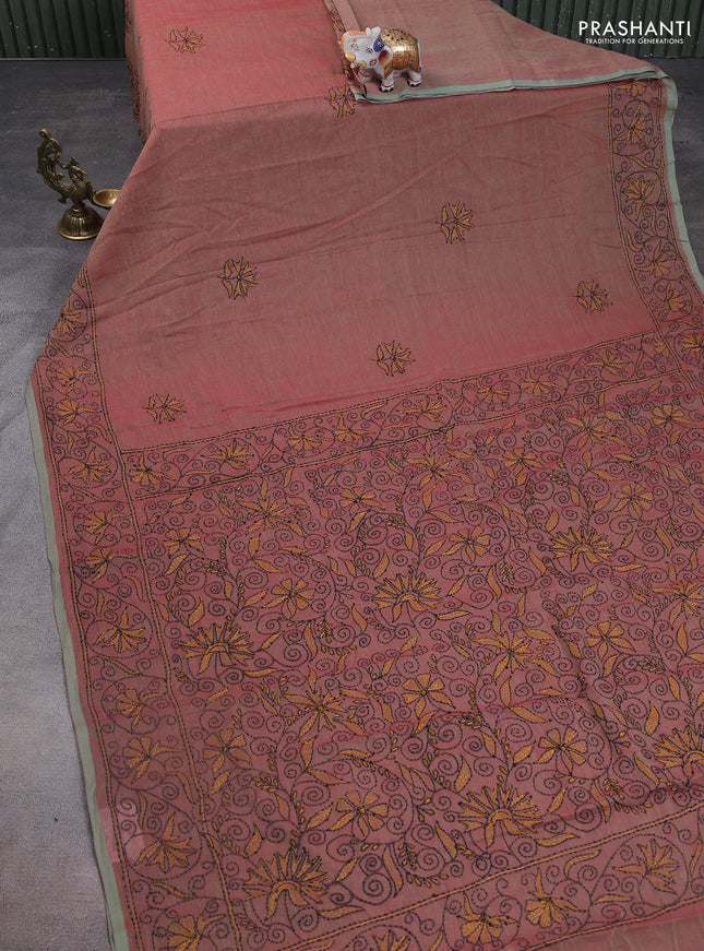 Cotton saree dual shade of reddish green with kantha stitch work and kantha stitch work pallu