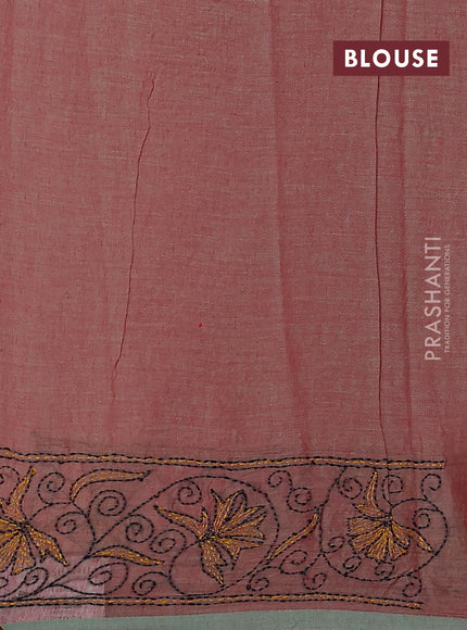 Cotton saree dual shade of reddish green with kantha stitch work and kantha stitch work pallu