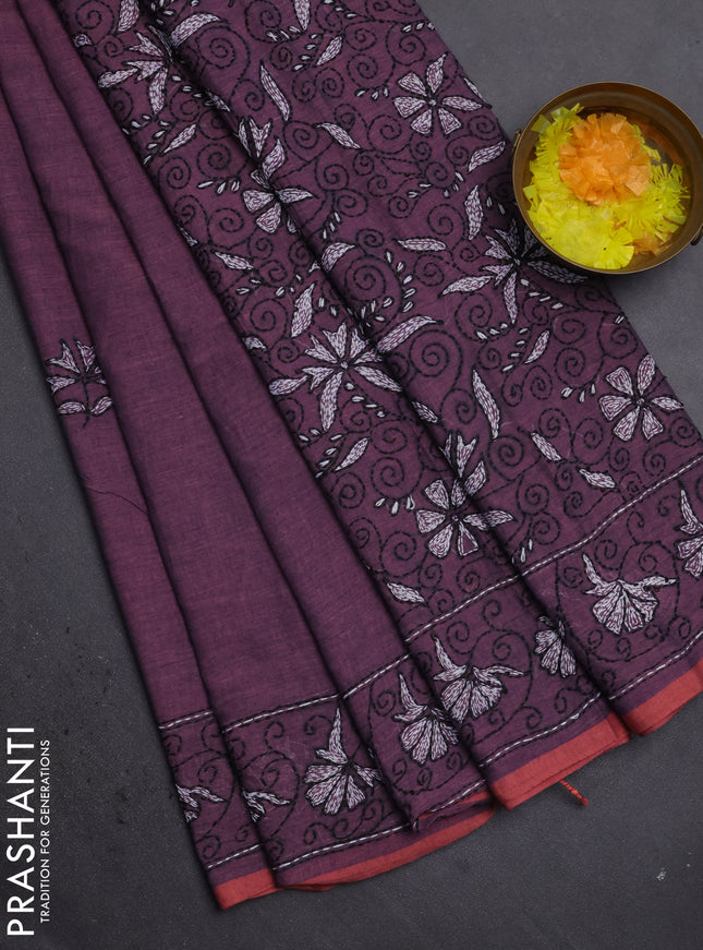 Cotton saree purple and peach with kantha stitch work and kantha stitch work pallu