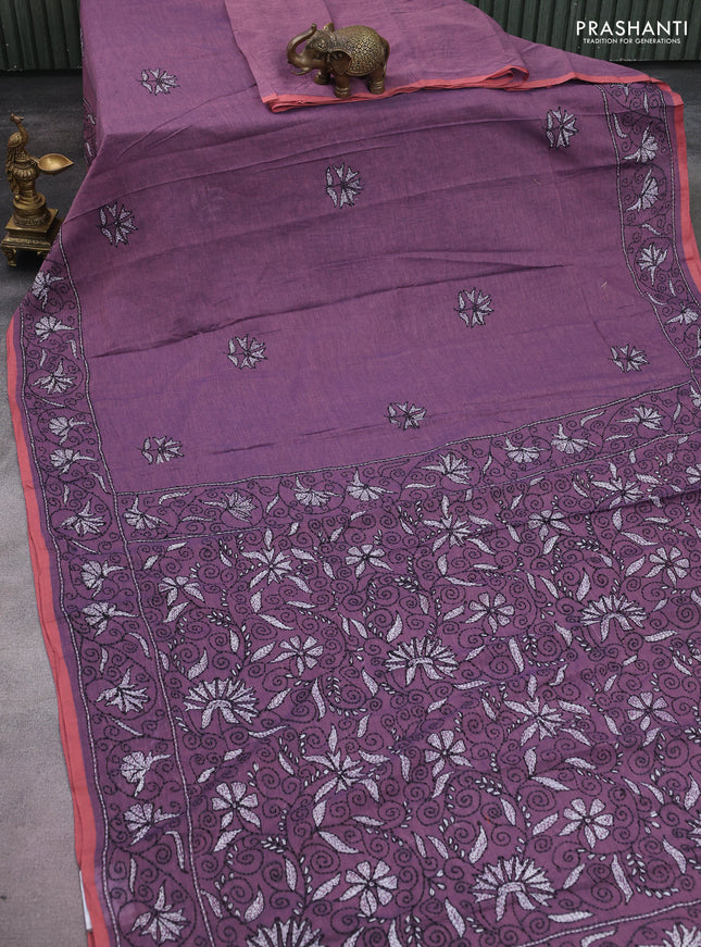 Cotton saree purple and peach with kantha stitch work and kantha stitch work pallu