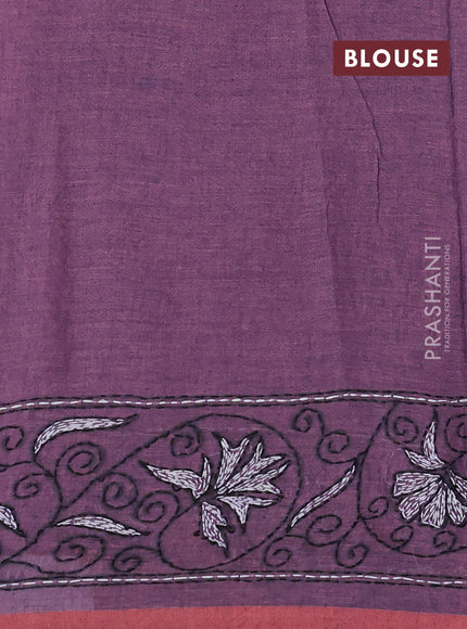 Cotton saree purple and peach with kantha stitch work and kantha stitch work pallu