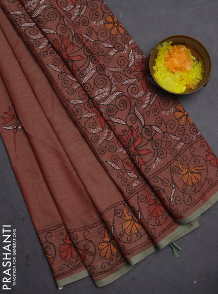 Cotton saree dual shade of redish green and pastel green with kantha stitch work and kantha stitch work pallu