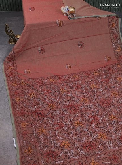 Cotton saree dual shade of redish green and pastel green with kantha stitch work and kantha stitch work pallu