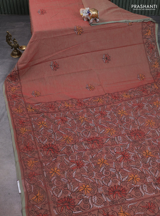 Cotton saree dual shade of redish green and pastel green with kantha stitch work and kantha stitch work pallu