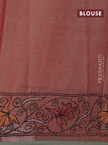 Cotton saree dual shade of redish green and pastel green with kantha stitch work and kantha stitch work pallu