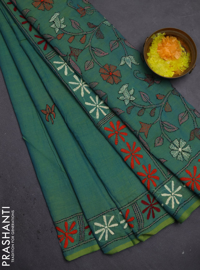 Cotton saree dual shade of green with kantha stitch work and kantha stitch work pallu