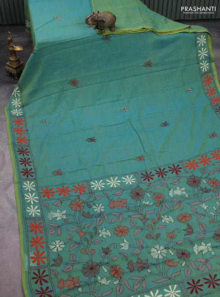 Cotton saree dual shade of green with kantha stitch work and kantha stitch work pallu