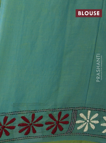 Cotton saree dual shade of green with kantha stitch work and kantha stitch work pallu