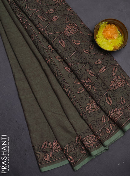 Cotton saree green with kantha stitch work and kantha stitch work pallu