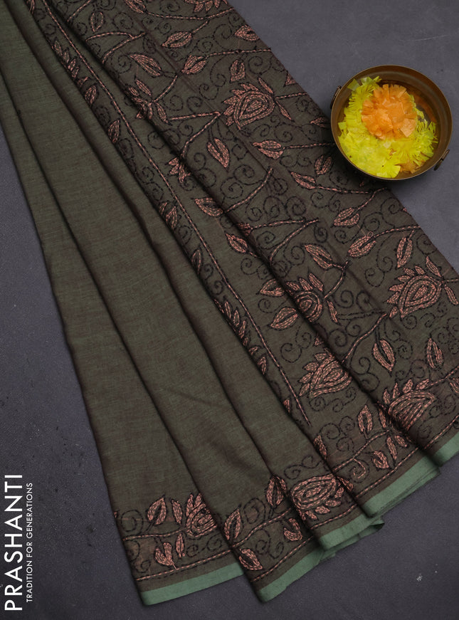 Cotton saree green with kantha stitch work and kantha stitch work pallu