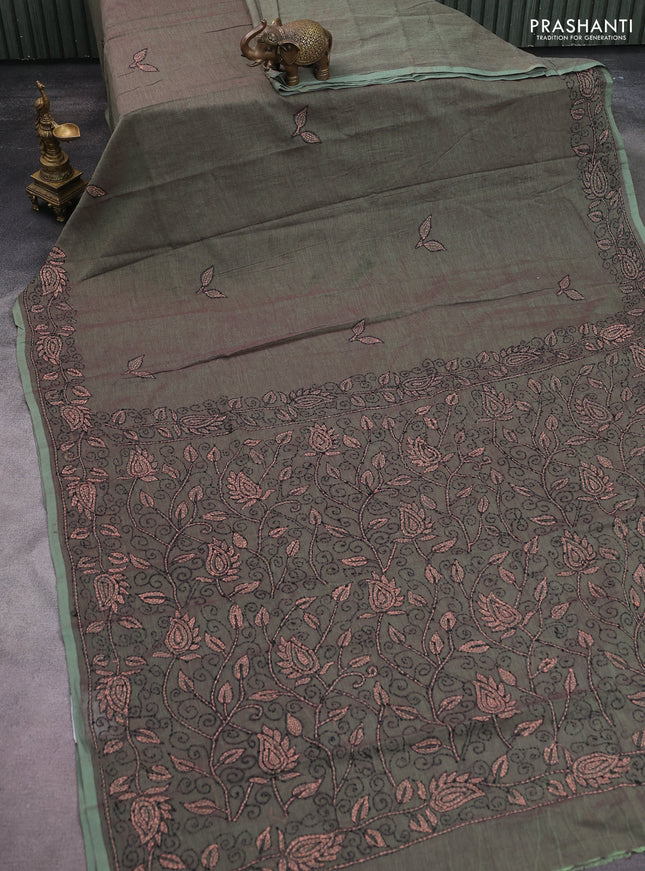 Cotton saree green with kantha stitch work and kantha stitch work pallu