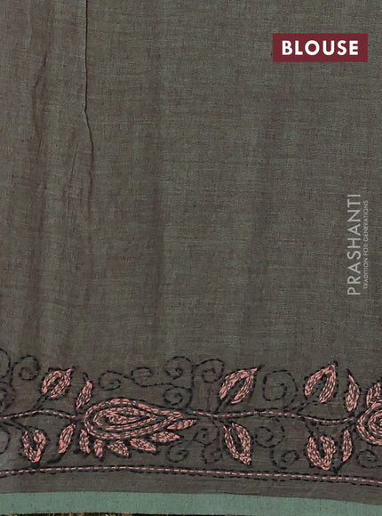 Cotton saree green with kantha stitch work and kantha stitch work pallu