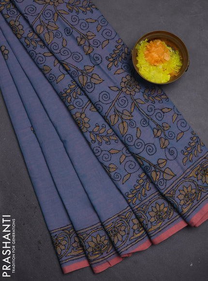 Cotton saree teal blue and pastel pink with kantha stitch work and kantha stitch work pallu