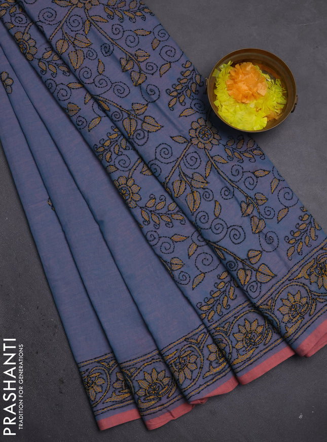 Cotton saree teal blue and pastel pink with kantha stitch work and kantha stitch work pallu