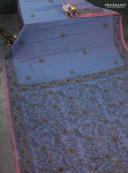 Cotton saree teal blue and pastel pink with kantha stitch work and kantha stitch work pallu