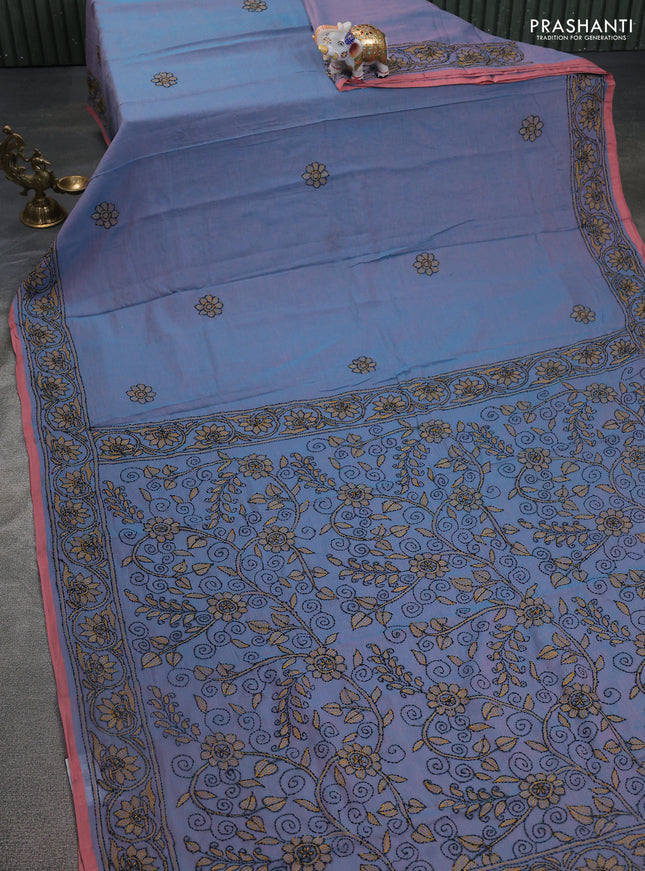 Cotton saree teal blue and pastel pink with kantha stitch work and kantha stitch work pallu