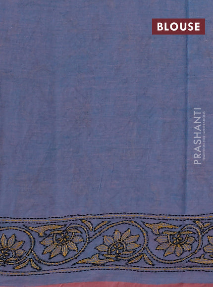 Cotton saree teal blue and pastel pink with kantha stitch work and kantha stitch work pallu
