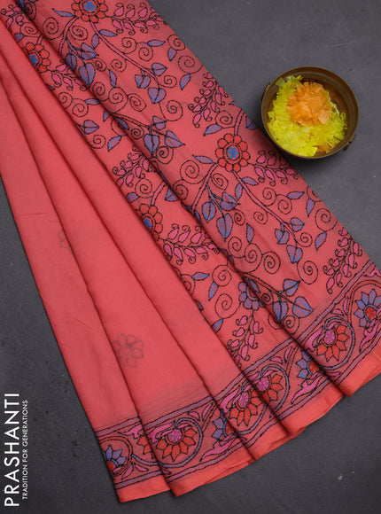 Cotton saree peach with kantha stitch work and kantha stitch work pallu