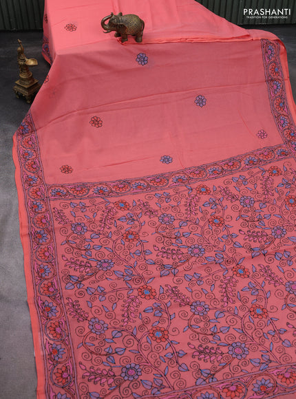 Cotton saree peach with kantha stitch work and kantha stitch work pallu