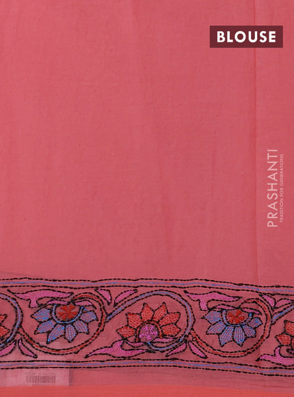 Cotton saree peach with kantha stitch work and kantha stitch work pallu