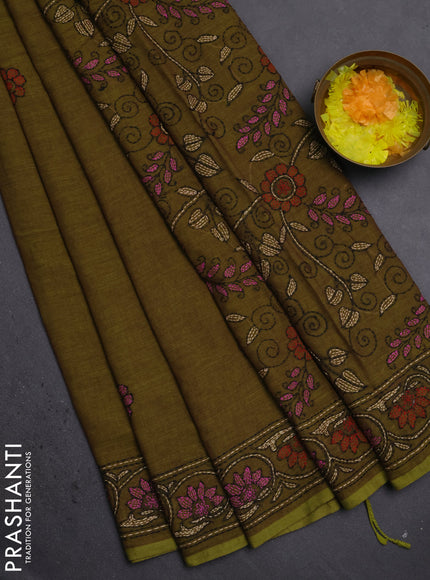 Cotton saree mehendi green with kantha stitch work and kantha stitch work pallu