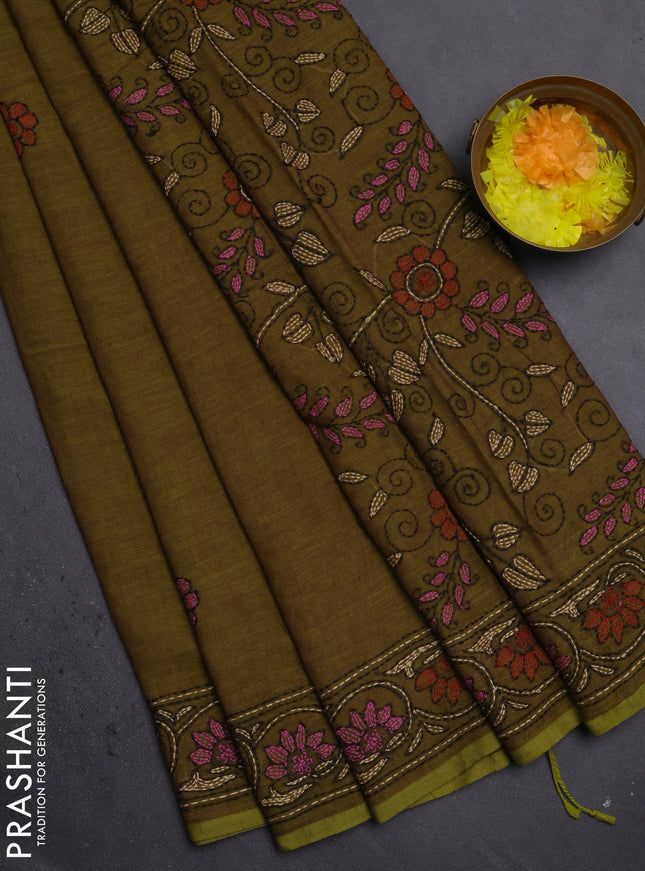 Cotton saree mehendi green with kantha stitch work and kantha stitch work pallu