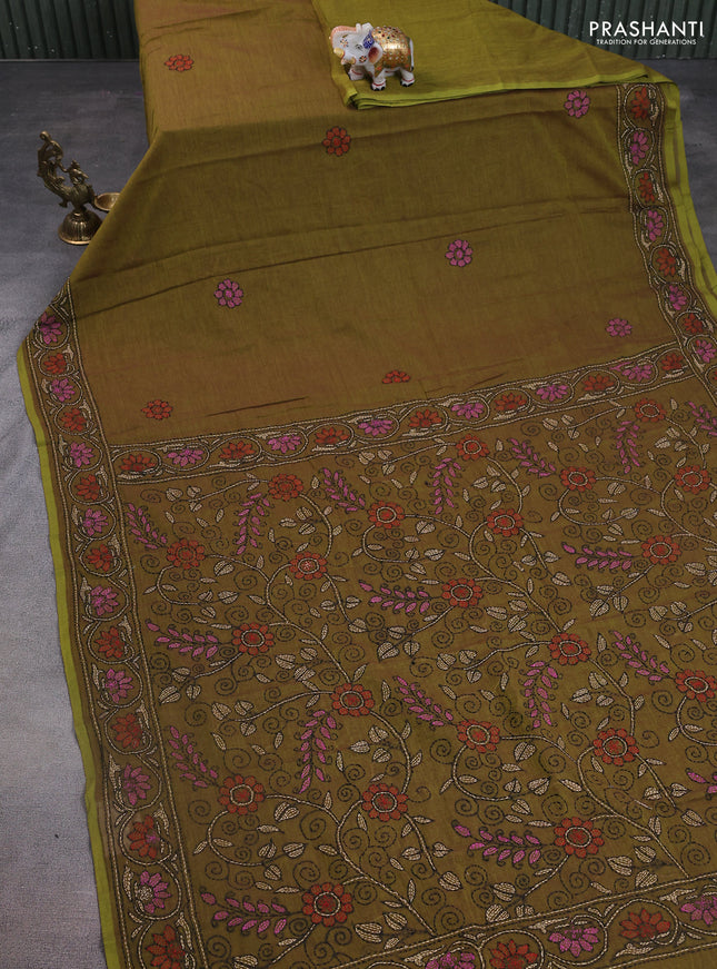 Cotton saree mehendi green with kantha stitch work and kantha stitch work pallu