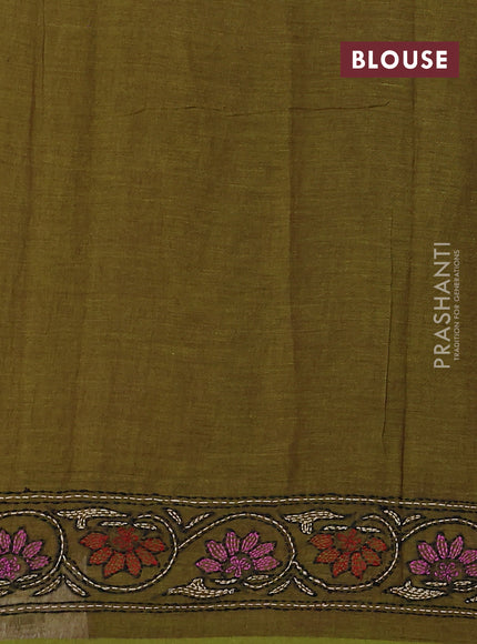 Cotton saree mehendi green with kantha stitch work and kantha stitch work pallu