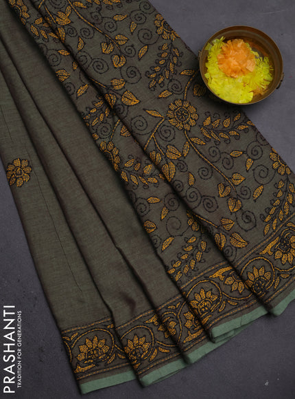 Cotton saree pastel green with kantha stitch work and kantha stitch work pallu