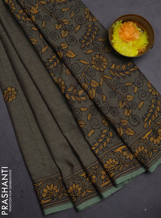 Cotton saree pastel green with kantha stitch work and kantha stitch work pallu