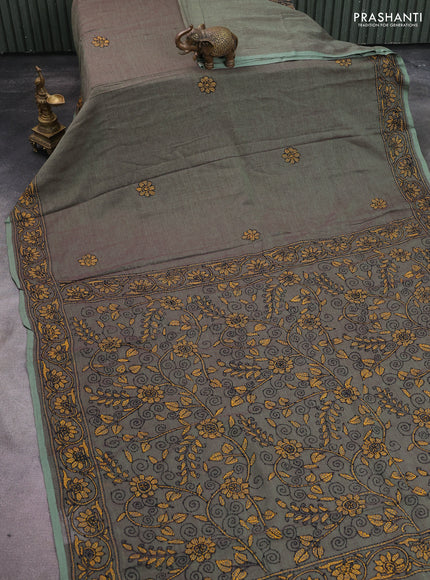 Cotton saree pastel green with kantha stitch work and kantha stitch work pallu