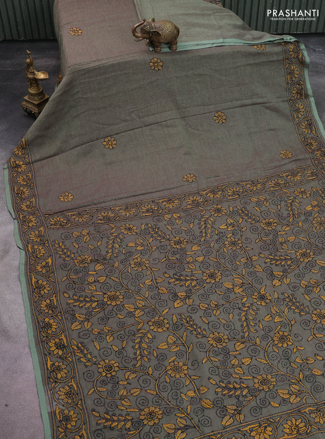 Cotton saree pastel green with kantha stitch work and kantha stitch work pallu