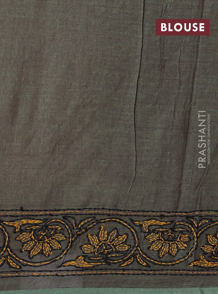 Cotton saree pastel green with kantha stitch work and kantha stitch work pallu