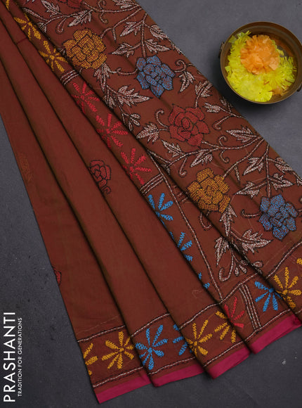 Cotton saree dual shade of green and pink with kantha stitch work and kantha stitch work pallu