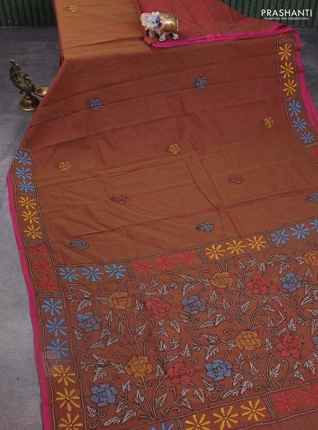 Cotton saree dual shade of green and pink with kantha stitch work and kantha stitch work pallu