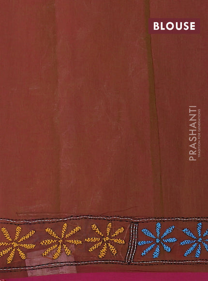 Cotton saree dual shade of green and pink with kantha stitch work and kantha stitch work pallu