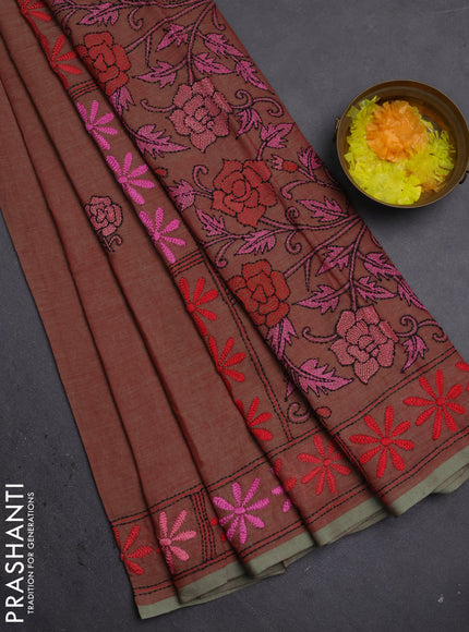 Cotton saree dual shade of maroon and pastel green with kantha stitch work and kantha stitch work pallu